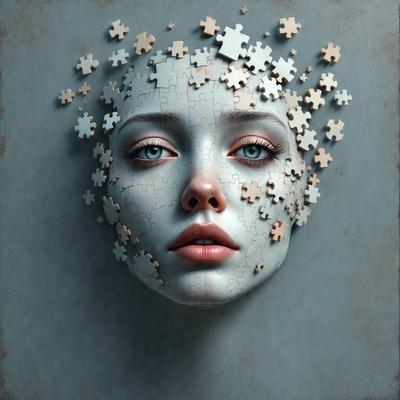 The primary subject of the image is a close-up of a woman's face, with a focus on her lips. The setting is a blue background, and the visual style appears to be a digital art or illustration. The colors in the image are predominantly blue, creating a calm and serene atmosphere.